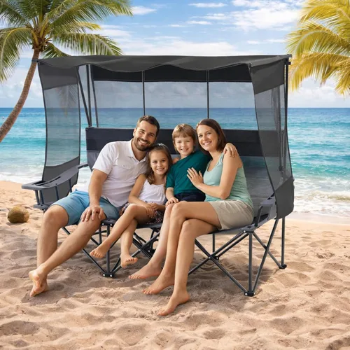 Miniatura 2 de Teenyyou Silla de camping para 3 personas con toldo – Silla de playa de gran tamaño con protección solar UV, sofá biplaza plegable de alta