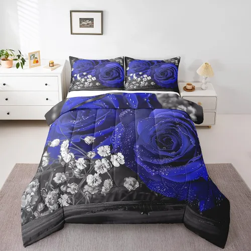 Miniatura 15 de Juego de edredón de rosas rojas, tamaño individual, juego de ropa de cama floral rojo degradado negro para niñas, mujeres, niños, adolescentes