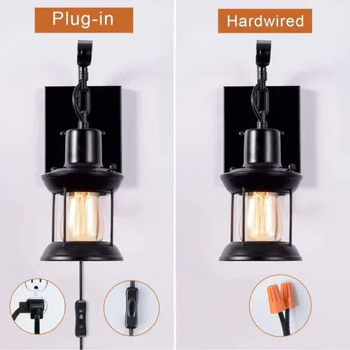 Miniatura 3 de GLADFRESIT Lámparas de pared rústicas, aplique de pared tipo farol enchufable, apliques de pared antiguos negros, luminarias de iluminación de pared