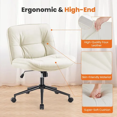 Miniatura 4 de Sweetcrispy Silla de Oficina Sin Brazos con Ruedas, Silla Amplia de Piernas Cruzadas, Sillas de Computadora Ajustables y Giratorias de Cuero