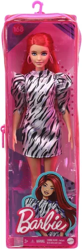 Miniatura 6 de Barbie Fashionistas Doll #168 con busto más pequeño y pelo largo rojo, vestido a rayas de cebra y accesorios que incluyen aretes de aro grandes
