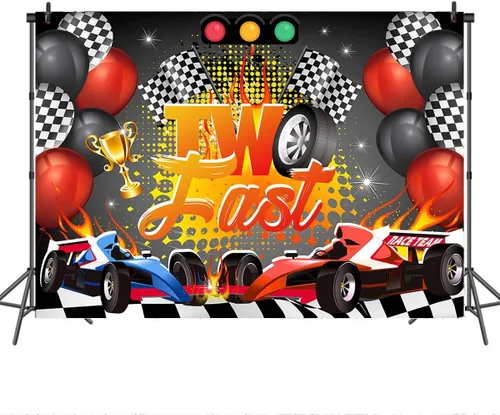 Miniatura 4 de Mocsicka Telón de fondo de cumpleaños de Two Fast Cars para fiestas temáticas de carreras para niños y niños, globo rojo de carreras de coche