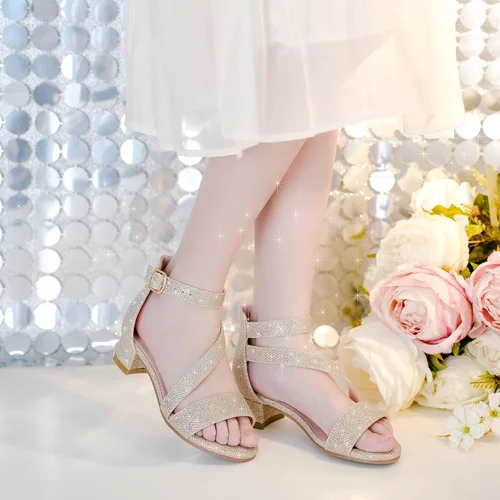 Miniatura 2 de Sandalias para niñas, tacones para niños, puntera abierta, correa al tobillo, zapatos de vestir, flores para boda, fiesta para niños pequeños