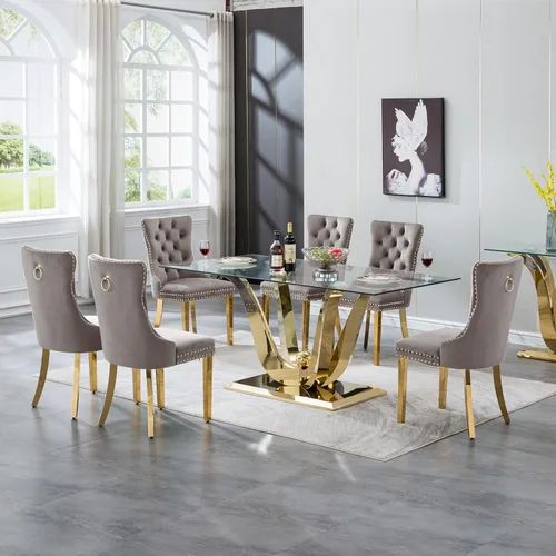 Miniatura 4 de Mesa de comedor moderna de vidrio de 70 pulgadas para 6-8, mesa de comedor de cristal dorado de lujo con base de acero inoxidable en forma de flores