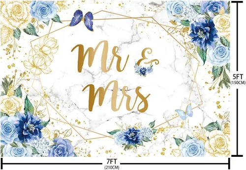 Miniatura 5 de AIBIIN Telón de fondo floral de mármol de 7 x 5 pies para despedida de soltera, flores azules, mariposa, fondo geométrico dorado para parejas