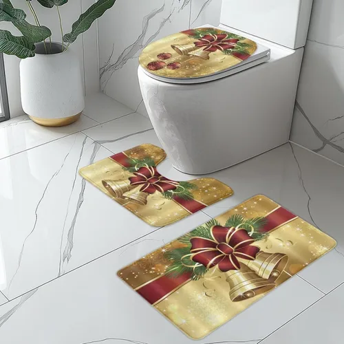 Miniatura 2 de FOR U DESIGNS Juego de tapetes de baño con moqueta, contorno y tapa, campana de lazo de Navidad, tapete decorativo suave para el hogar, dorado