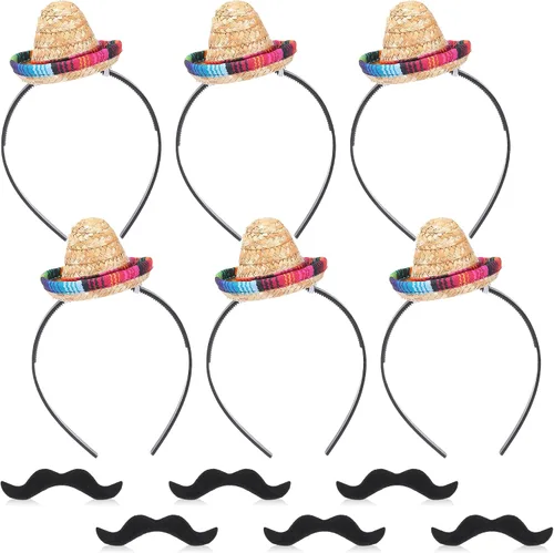 Pasimy Juego de 12 sombreros de fiesta de mini sombrero, bigotes falsos, 6 diademas mexicanas con 6 bigotes para disfraz de Halloween