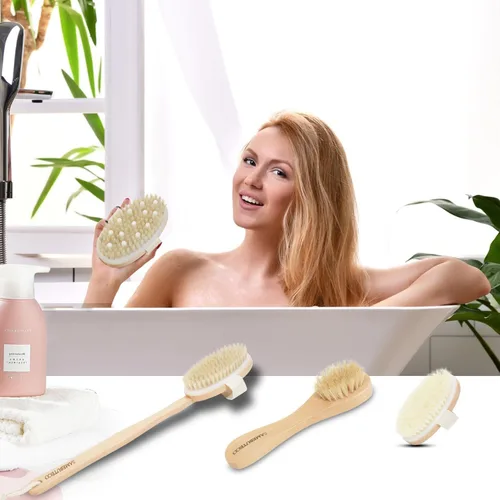 Miniatura 7 de SAMEBUTECO Juego de cepillos corporales de cepillado en seco con mango largo deslizante, limpiador de baño de madera 4 en 1 con cepillo facial y 3
