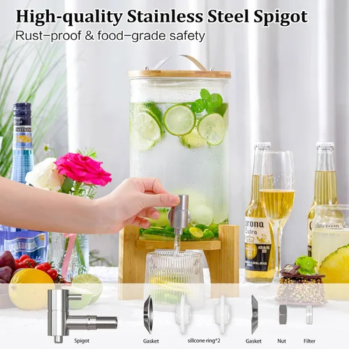 Miniatura 5 de Dispensador de bebidas de vidrio grande de 1.2 galones para fiestas, dispensador de bebidas con soporte de madera de bambú y grifo de acero