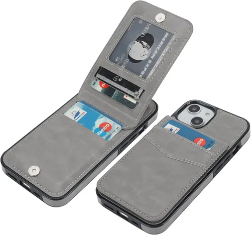 KIHUWEY Funda compatible con iPhone 14 con soporte para tarjeta de crédito, cierre magnético de cuero de alta calidad, función atril, funda Gris