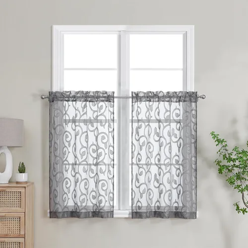 Miniatura 40 de OWENIE Furman - Juego de 2 paneles de cortinas traslúcidas negras de 24 pulgadas de largo, cortinas semitransparentes de jacquard ligeras y aireadas
