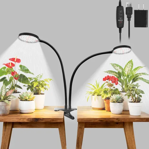 Luces de cultivo para plantas de interior de espectro completo, luz de planta con clip con temporizador de 4/8/12/18H, cuello de cisne ajustable, 5