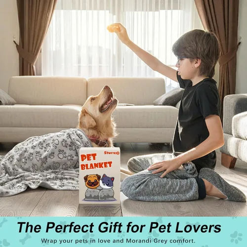 Miniatura 4 de Manta para perros rellena premium suave, con impresión de huella de pata gris de franela, 43 * 66 pulgadas, manta autocalentable para gatos