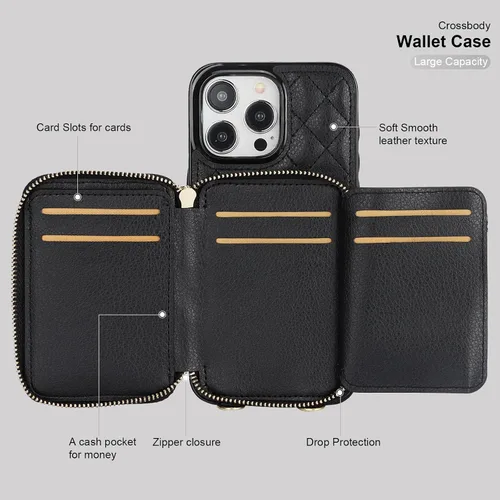 Miniatura 7 de Bocasal Funda tipo cartera cruzada para iPhone 15 Pro Max, con bloqueo RFID, de piel sintética, con cremallera, funda tipo cartera con función atril