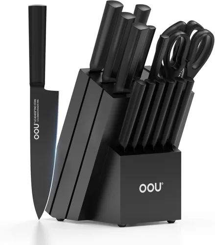 Miniatura 11 de OOU Juego de cuchillos con bloque y afilador, 6 piezas, juego de bloque de cuchillos de cocina de acero alemán de alto carbono con soporte universal