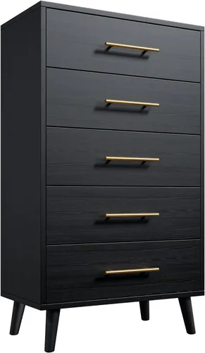 Aiho Cómoda de 5 cajones, baúl alto con asas de metal, organizador de almacenamiento de madera para dormitorio, pasillo o sala de estar, color negro