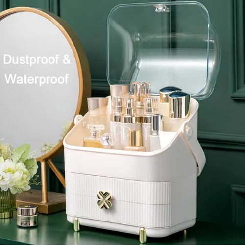 Miniatura 4 de Organizador de maquillaje Preppy para el cuidado de la piel, caja de almacenamiento de cosméticos, vitrina de 3 niveles, cubierta libre de polvo