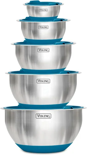 Viking Juego de cuencos para mezclar, 10 piezas de acero inoxidable para cocina, base de silicona antideslizante, incluye tapas de ajuste apretado,