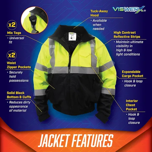 Miniatura 5 de Chaqueta Hi-Vis Deluxe para clima frío - ANSI CL2 - Chaqueta reflectante de seguridad para áreas de trabajo, construcción y alto tráfico