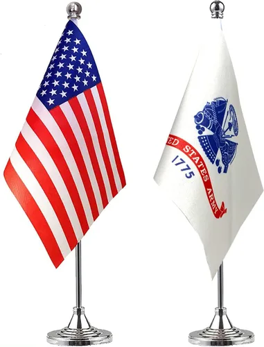 WXTWK Paquete de 2 banderas de escritorio del ejército de Estados Unidos 1775, pequeñas banderas de mesa militares de Estados Unidos con base de