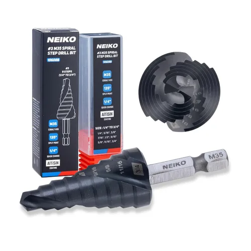 Miniatura 42 de NEIKO 10602B Step Drill Bit, 13 Steps 1/8" to 1/2" Spiral M35 Cobalt, AlTiSiN Coated, 1/4" Quick Change Step Bits for Steel, Metal, Wood, Plastic