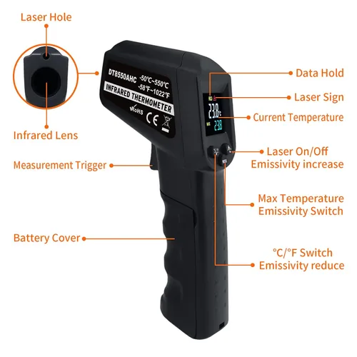 Miniatura 3 de Termómetro infrarrojo pistola de temperatura -58℉~ 1022℉ (-58.0 °F ~ 1,022.0 °F) Termómetro infrarrojo láser digital sin contacto con pantalla a