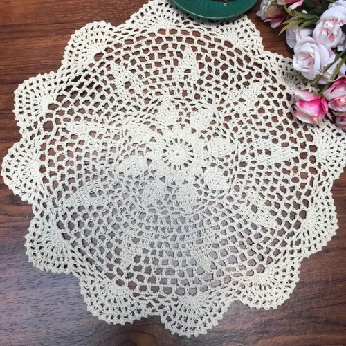 Miniatura 6 de Damanni Mantel de encaje hecho a mano de algodón hecho a mano, redondo, beige, 12 pulgadas