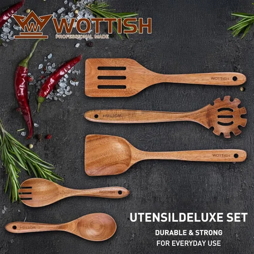 Miniatura 2 de Cucharas de madera para cocinar, juego de utensilios de cocina de madera de 5 piezas hechos de material de madera maciza natural, incluye cucharas