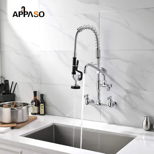 Miniatura 8 de APPASO Grifo de fregadero comercial con rociador de preenjuague, grifo de cocina de montaje en pared central de 8 pulgadas, grifo de fregadero de 24