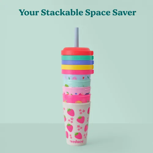 Miniatura 6 de REDUCE GoGo's - Vasos Tumbler portátiles para niños con tapas y popotes a prueba de derrames, paquete de 5 vasos apilables de 12 onzas con tapas