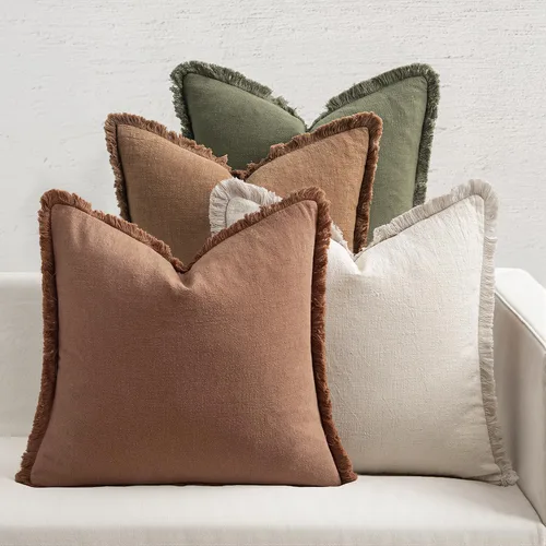 Miniatura 7 de MIULEE Juego de 4 fundas de almohada decorativas de lino neutro con flecos, fundas de almohada modernas y rústicas para cama, sofá, sala de estar
