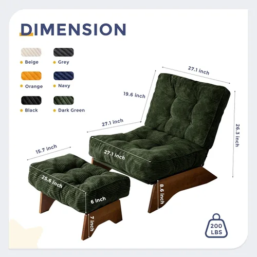 Miniatura 2 de MAXYOYO - Sillón decorativo con otomana y respaldo ajustable, silla capitoné para sala, reposera con reposapiés, silla moderna y acogedora Verde
