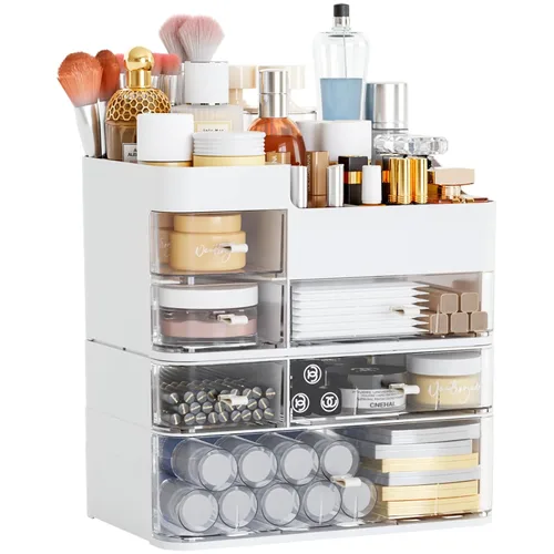 Miniatura 9 de Organizadores de maquillaje rosa para tocador con 3 cajones, organizadores grandes para el cuidado de la piel para encimera, escritorio, aparador