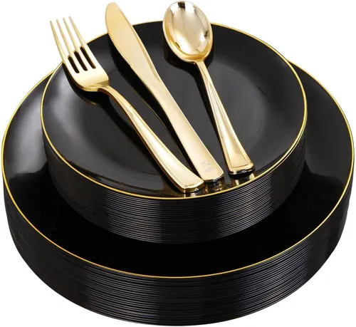 YOUBET 125 piezas de platos de plástico negros y dorados - Platos desechables negros con borde dorado - Incluye 25 platos de cena, 25 platos de