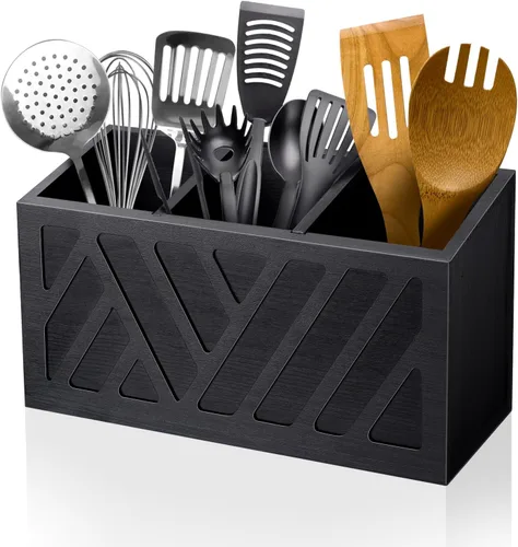 Miniatura 9 de MINCORD Soporte para utensilios de cocina con 3 compartimentos, caja organizadora de almacenamiento de madera rústica, caja organizadora