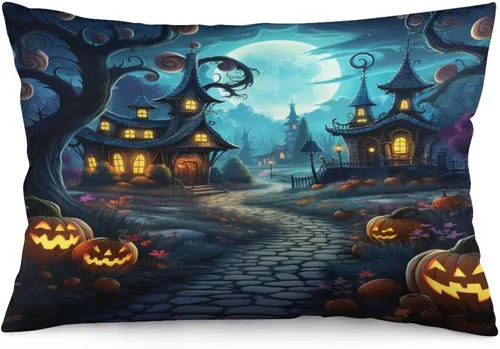 Miniatura 11 de Fundas de almohada frescas de casa embrujada, castillo, luna, bosque medieval, calabaza, fundas de almohada rectangulares con cremallera invisible