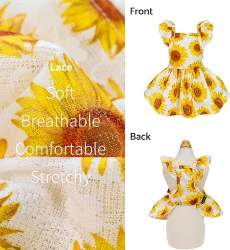 Miniatura 3 de Fitwarm Vestido de Girasol para Perro, Ropa para Perros Pequeños Hembra, Ropa para Gatos Mascotas, Blanco, Amarillo, Rojo, XS