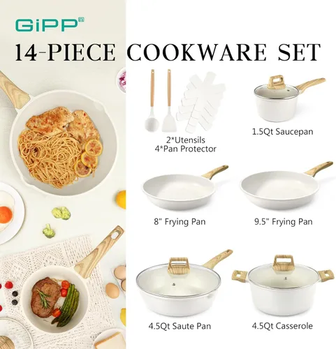 Miniatura 2 de GiPP Juego de ollas y sartenes antiadherentes, 14 piezas de utensilios de cocina de granito blanco, utensilios de cocina antiadherentes de inducción