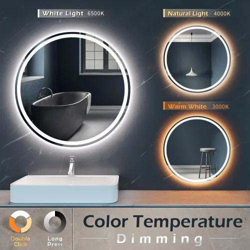 Miniatura 3 de KWW Espejo de tocador redondo LED grande de 24 pulgadas, temperatura de color ajustable, luces regulables antivaho y regulables, fácil de instalar