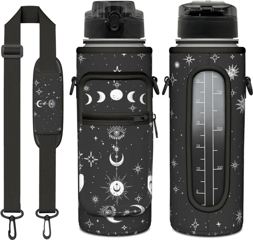Miniatura 19 de Goth Moon Botella de agua de medio galón con funda - Botella de agua con tapa abatible sin BPA de 32 onzas - con marcador de tiempo, jarra de agua a
