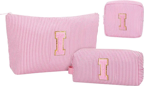 Miniatura 36 de Juego de bolsas de maquillaje con iniciales para niñas y mujeres, bolsa de cosméticos con monograma con soporte para cepillos, estuche de maquillaje