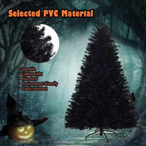 Miniatura 3 de Goplus Árbol de Navidad negro sin luz de 7.5 pies, árbol de Halloween artificial con 1258 puntas de rama, soporte de metal, árbol completo
