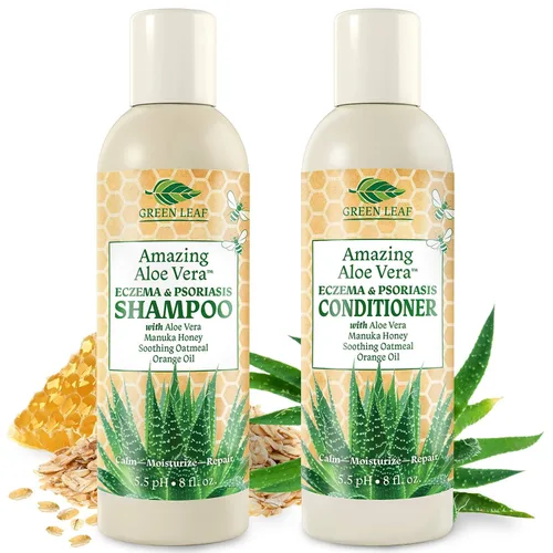 Juego de champú y acondicionador para eccema y psoriasis para hombres y mujeres (paquete de 2) - Aloe Vera y miel de manuka para picazón suave,