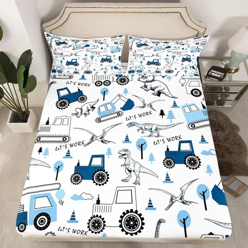 Feelyou Juego de ropa de cama de construcción, tamaño individual, sábana bajera ajustable de dinosaurio para niños, equipos, camiones, animales,