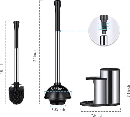 Miniatura 8 de Émbolo de inodoro y cepillo de inodoro con soporte de émbolo y cepillo de inodoro combinado con mango de acero inoxidable para limpieza de baño