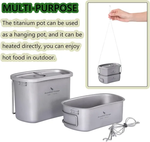 Miniatura 4 de iBasingo Kit de desorden de cantina de titanio con mango plegable, anillo colgante ultraligero portátil para almuerzo al aire libre camping