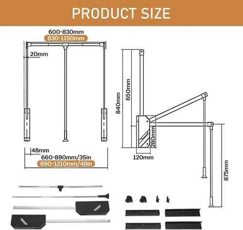 Miniatura 3 de Barra de armario desplegable, capacidad de carga de 60 libras, acero inoxidable ajustable de 35 a 46.5 pulgadas, organizador de riel elevador