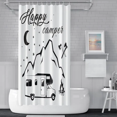 Miniatura 28 de Cortina de ducha Happy Camper de 48 x 72 pulgadas, diseño de caricaturas, remolque, hoguera, aventura al aire libre, cortina de baño para decoración