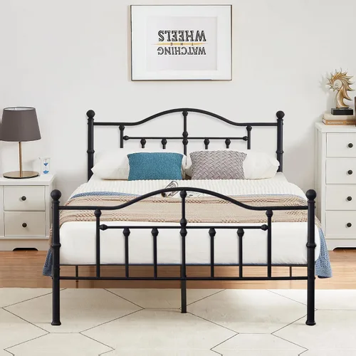 Miniatura 11 de VECELO Marco de cama de plataforma de metal completo con cabecero, soporte de listones de acero resistente, almacenamiento debajo de la cama,