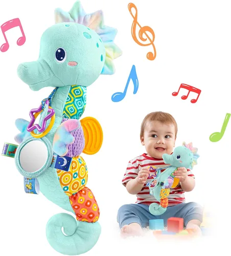 LIGHTDESIRE Juguetes para bebés musicales de caballito de mar, juguetes de animales de peluche para bebés con crujido y sonajeros, juguetes